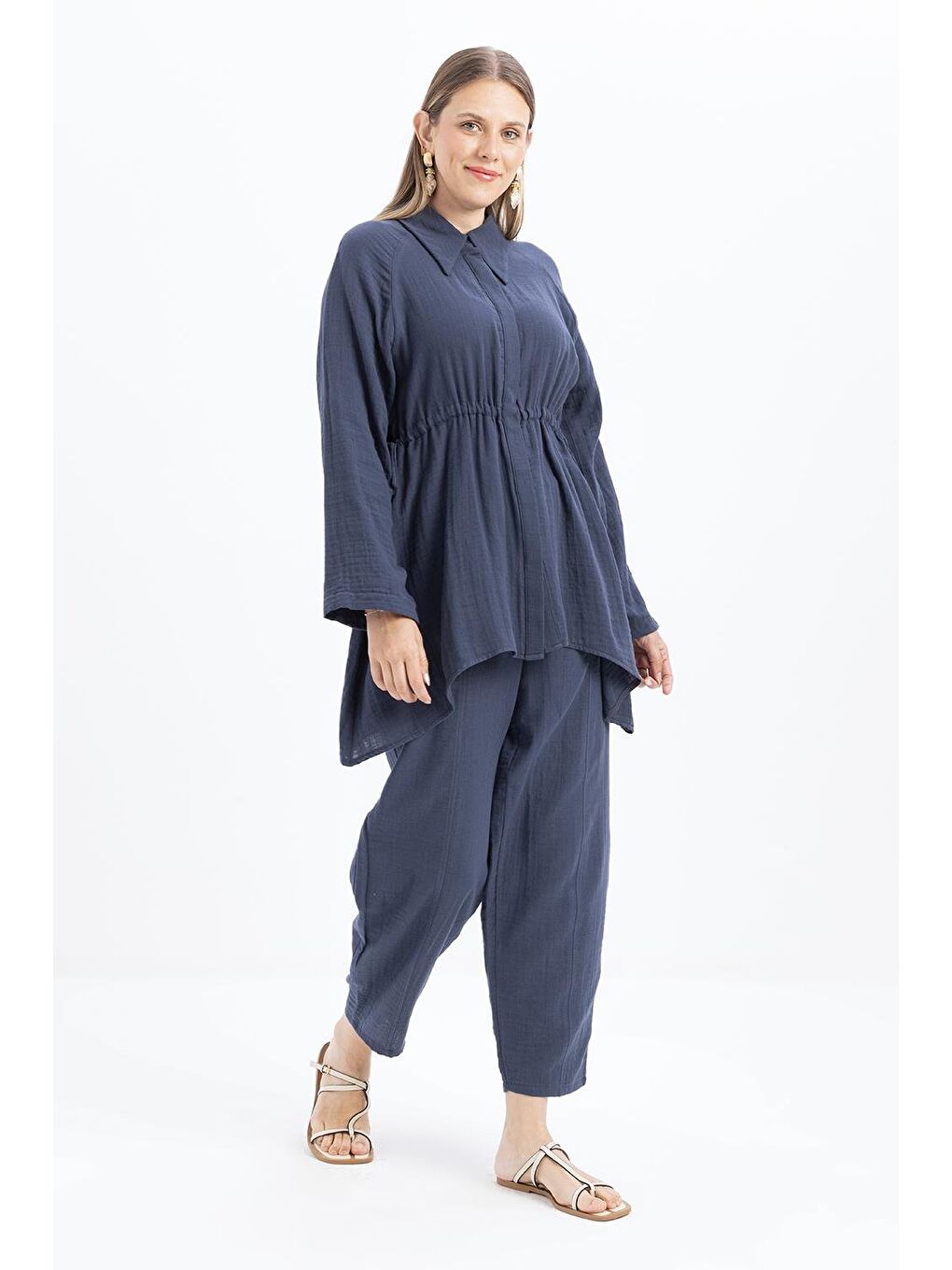 İndigo-Asimetrik Kesim Patlı Gömlek-2