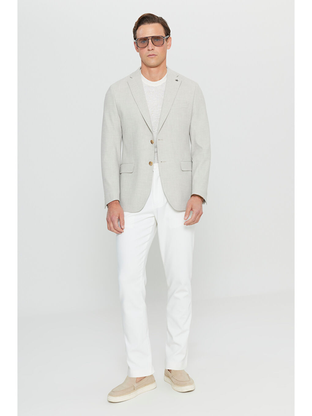 Erkek Bej Yünlü Slim Fit Dar Kesim Mono Yaka Kapak Cepli Armürlü Blazer Ceket-1