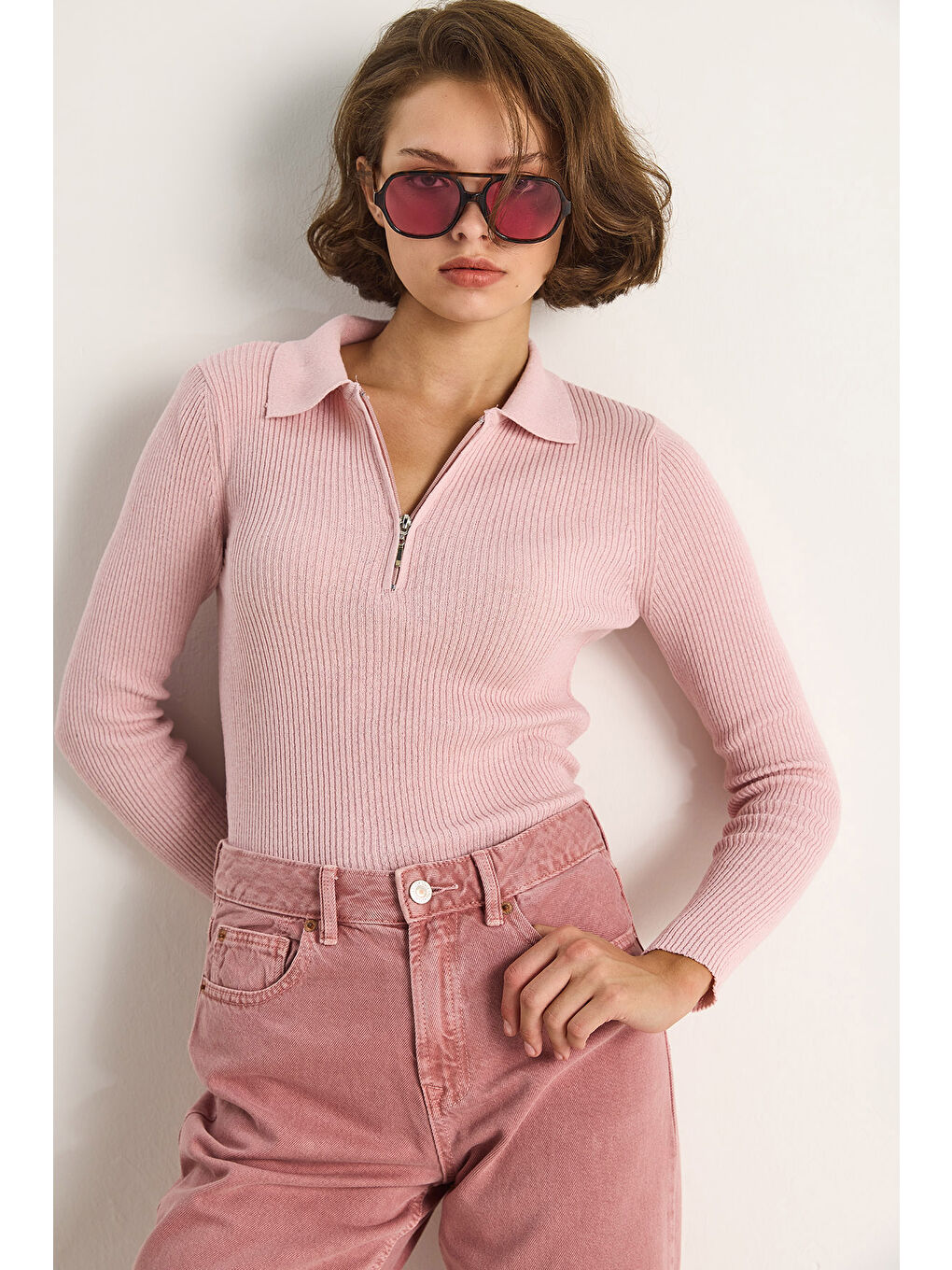 Pembe Kadın Fermuarlı Kazak-1