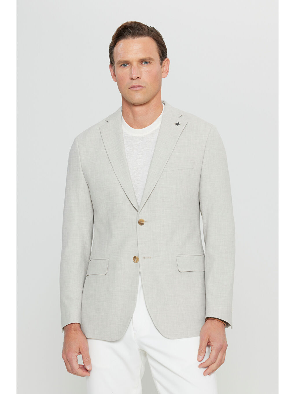 Erkek Bej Yünlü Slim Fit Dar Kesim Mono Yaka Kapak Cepli Armürlü Blazer Ceket-2