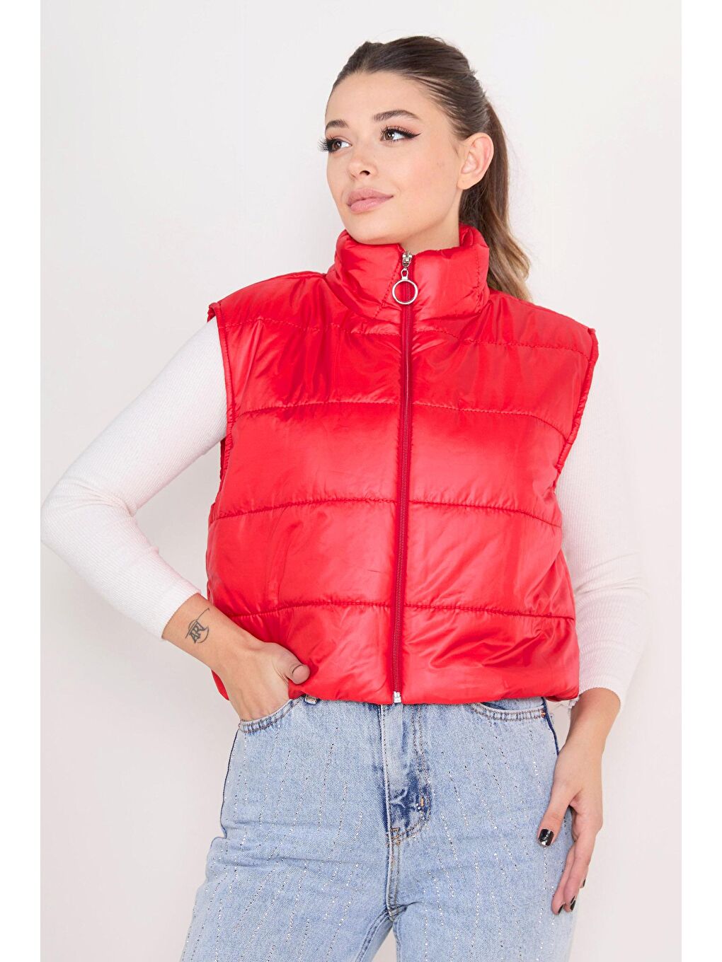 Hakim Yaka Kadın Kırmızı Şişme Yelek - 23384-1