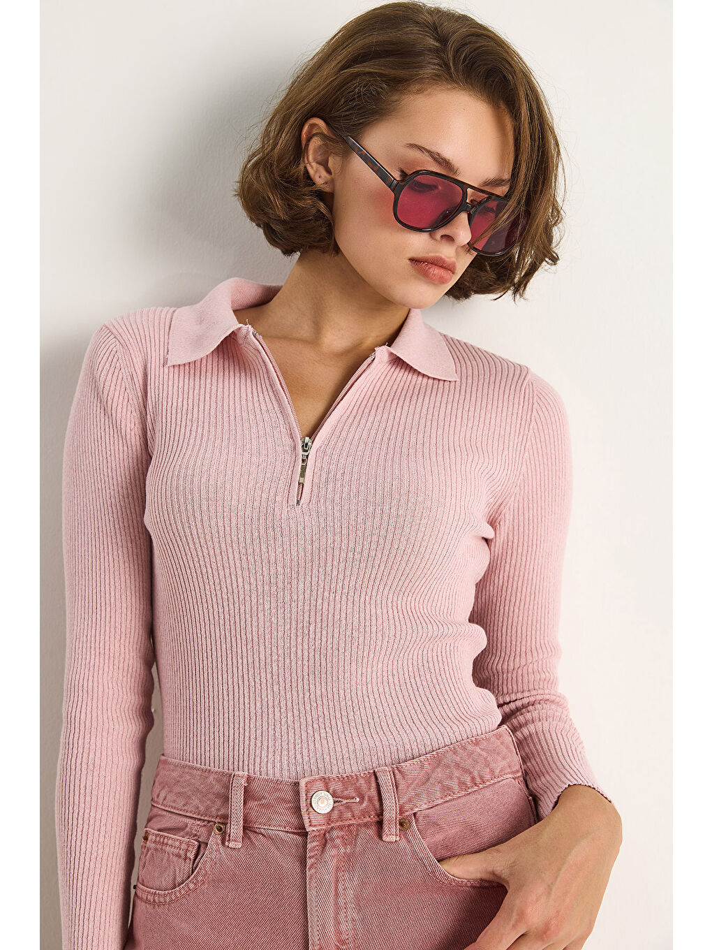 Pembe Kadın Fermuarlı Kazak-2