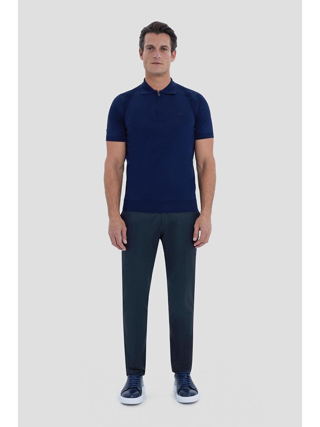 Lacivert Regular Fit Dokulu Triko Polo Yaka Tişört-1