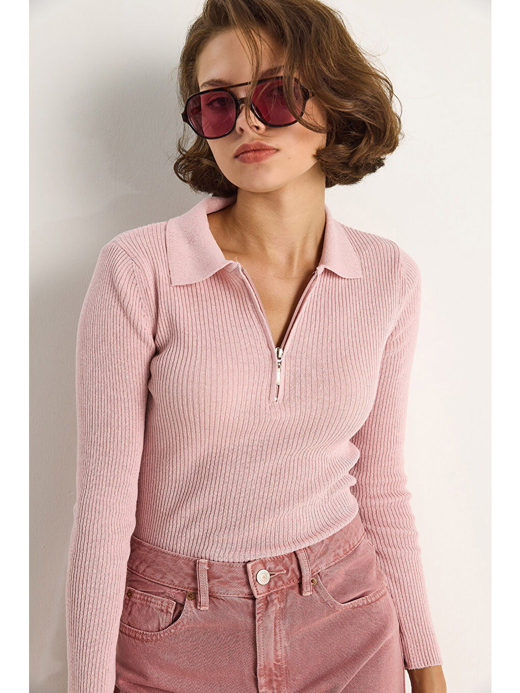 Pembe Kadın Fermuarlı Kazak-3