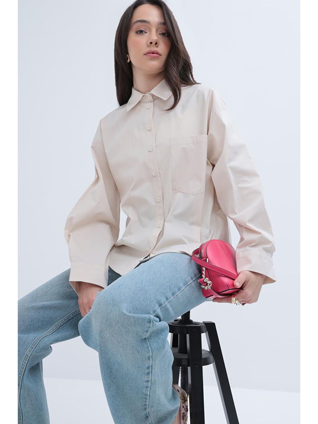 Bej Taş-Cepli Poplin Gömlek-1