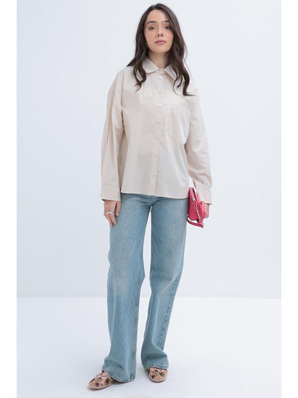 Bej Taş-Cepli Poplin Gömlek-2