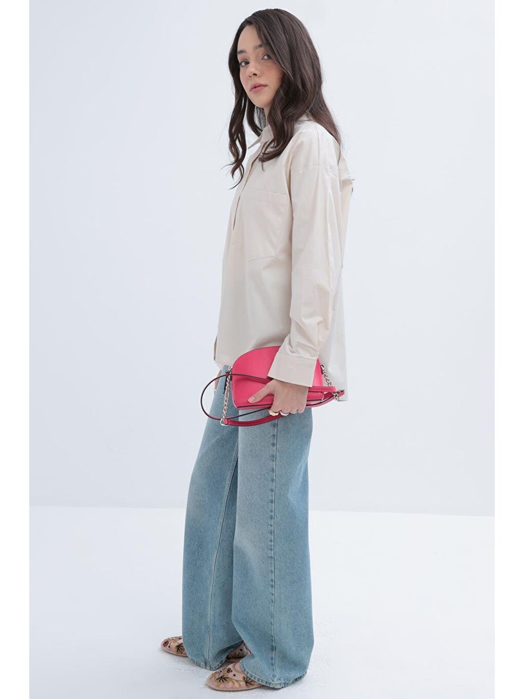 Bej Taş-Cepli Poplin Gömlek-3