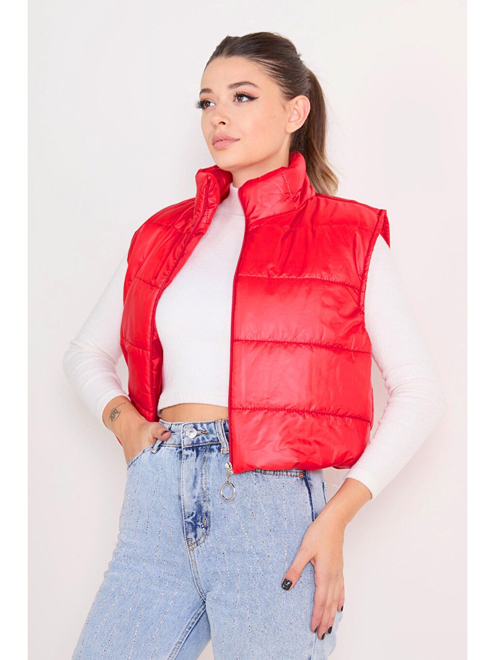 Hakim Yaka Kadın Kırmızı Şişme Yelek - 23384-3