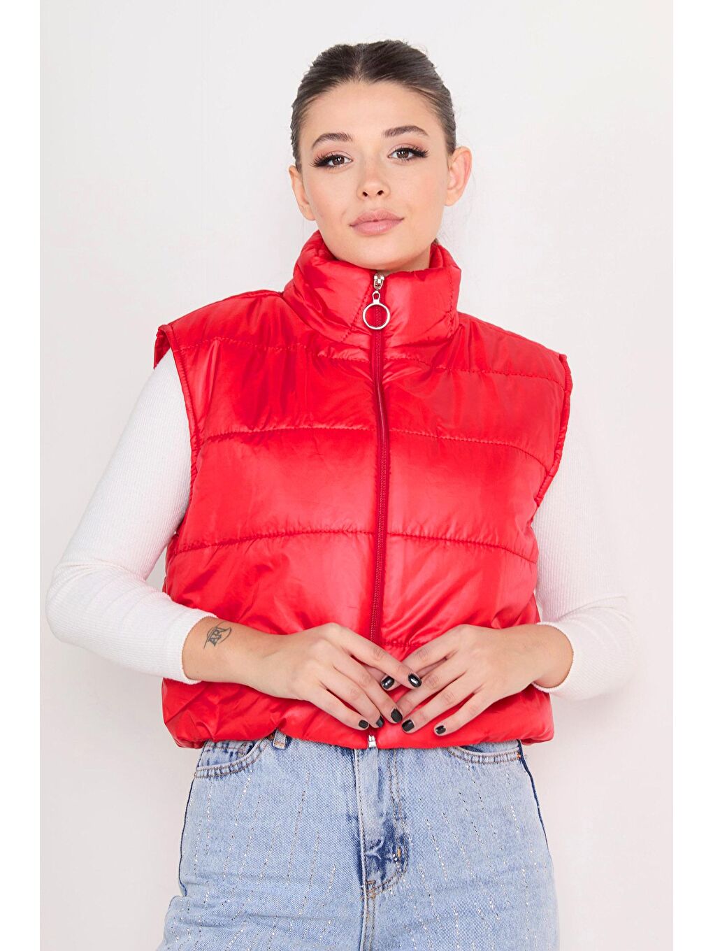 Hakim Yaka Kadın Kırmızı Şişme Yelek - 23384-4