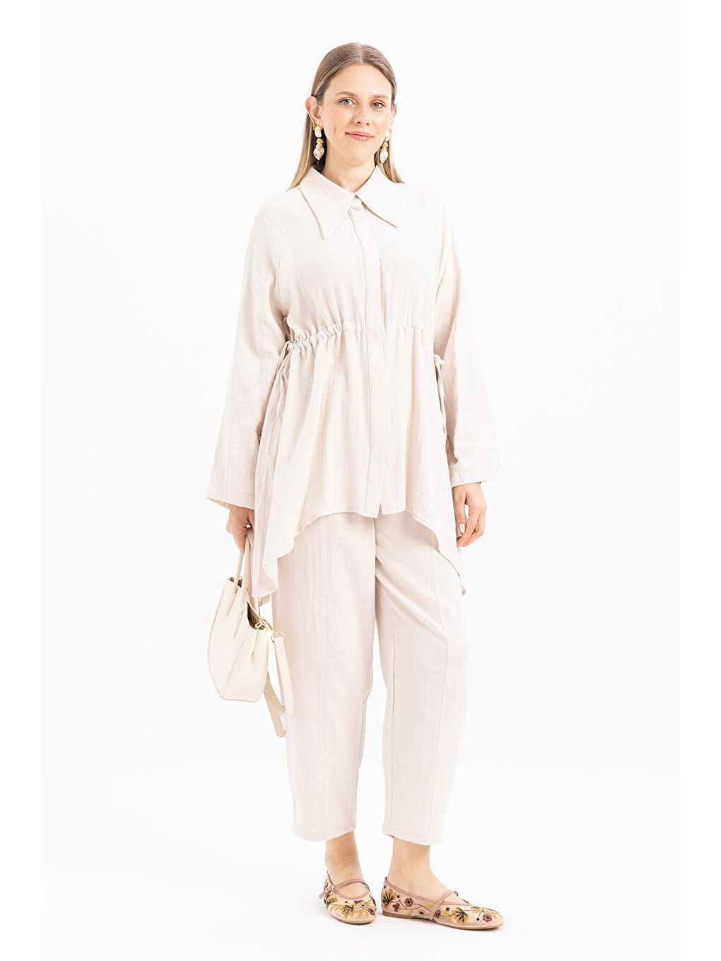 Bej Taş-Asimetrik Kesim Patlı Gömlek-1