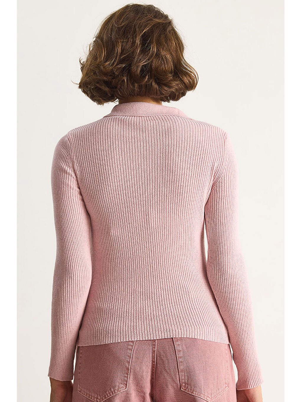 Pembe Kadın Fermuarlı Kazak-5