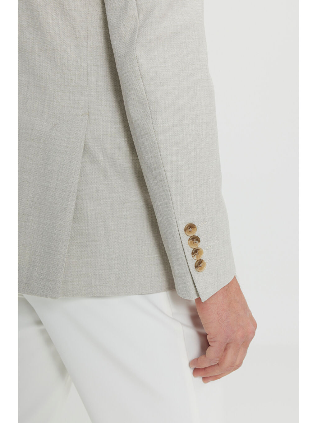 Erkek Bej Yünlü Slim Fit Dar Kesim Mono Yaka Kapak Cepli Armürlü Blazer Ceket-4