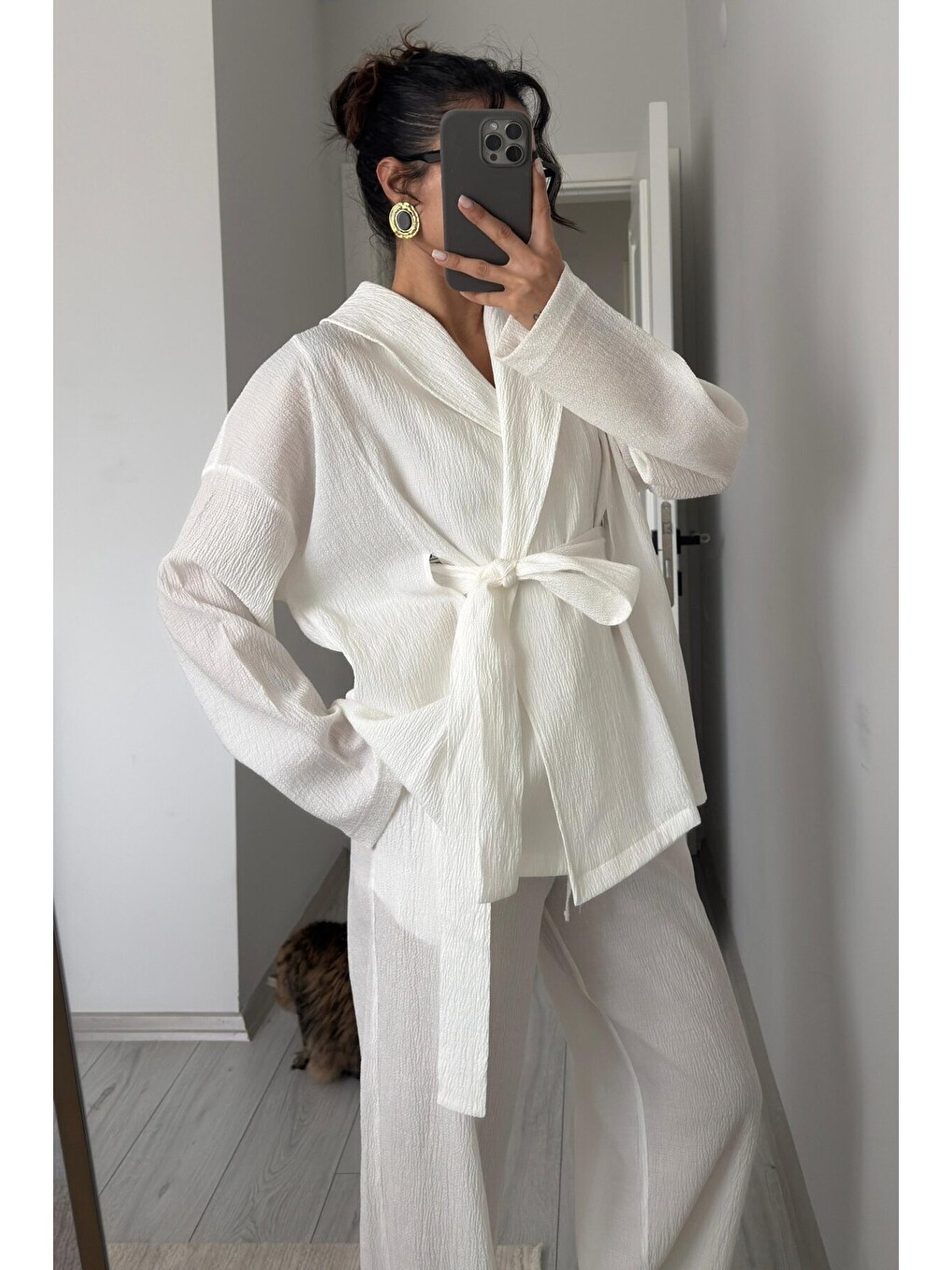 Beyaz Gofre Kumaş Kimono Takım - 51277-1