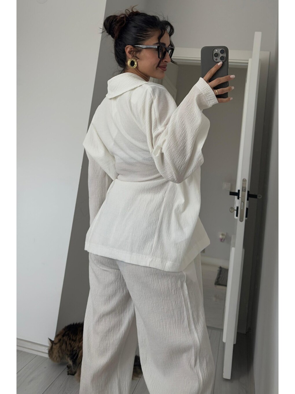 Beyaz Gofre Kumaş Kimono Takım - 51277-2