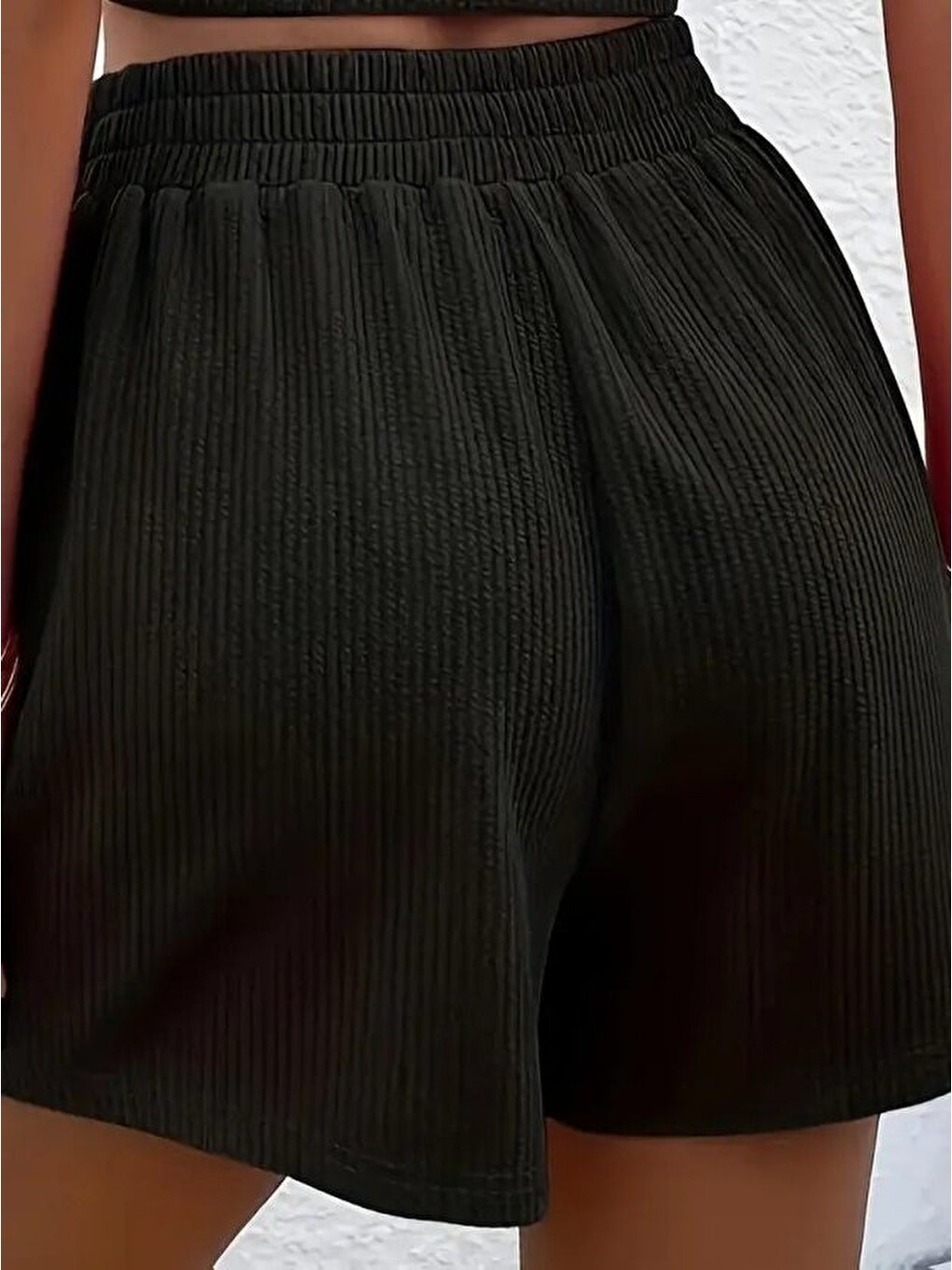 Siyah Kadın Askılı Yuvarlak Yakalı Burgu Krop Ve Bluz Short Ikili Takım-3