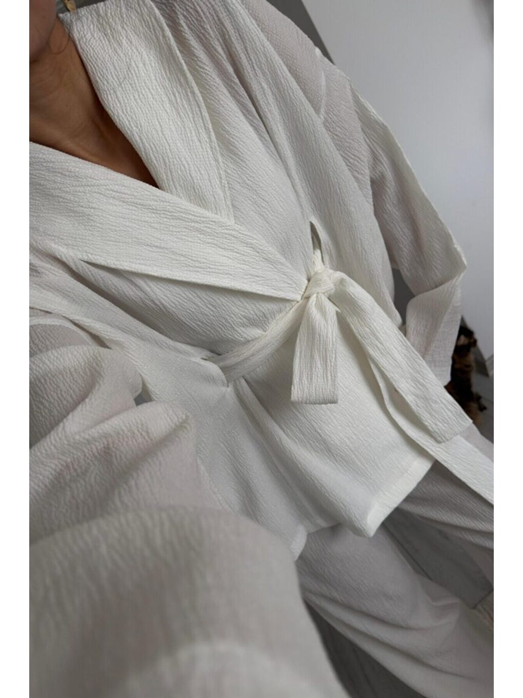 Beyaz Gofre Kumaş Kimono Takım - 51277-3