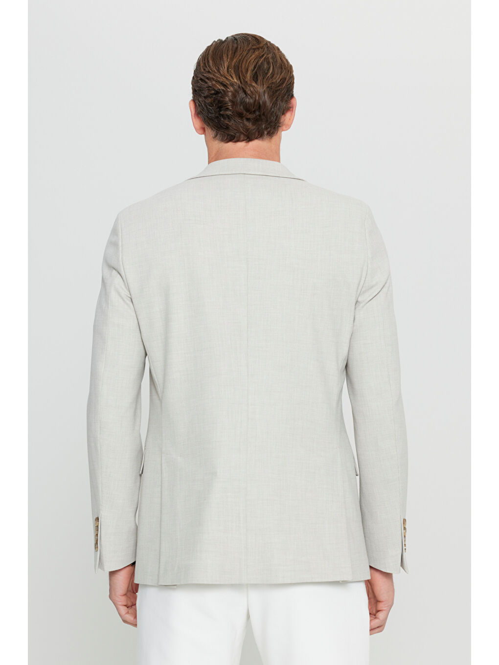 Erkek Bej Yünlü Slim Fit Dar Kesim Mono Yaka Kapak Cepli Armürlü Blazer Ceket-5