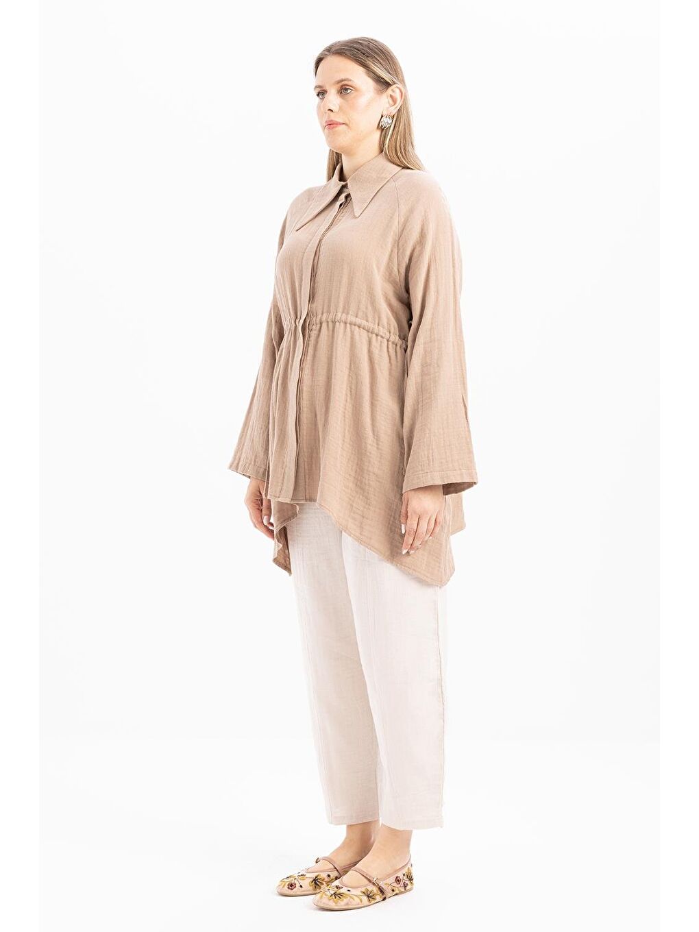 Bej Vizon-Asimetrik Kesim Patlı Gömlek-1