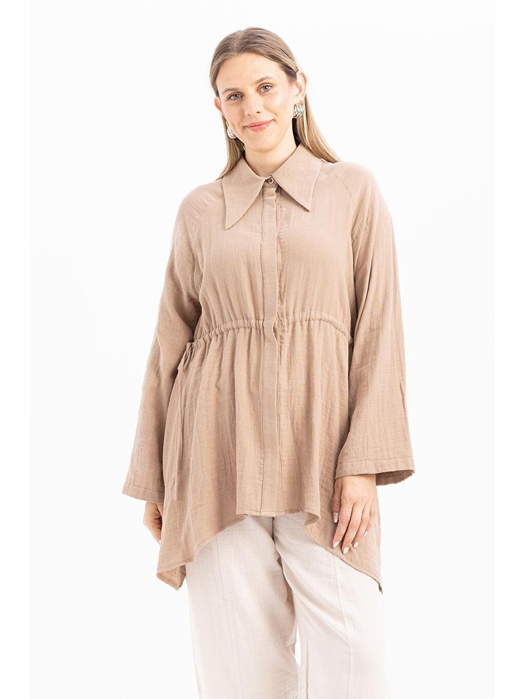 Bej Vizon-Asimetrik Kesim Patlı Gömlek-4