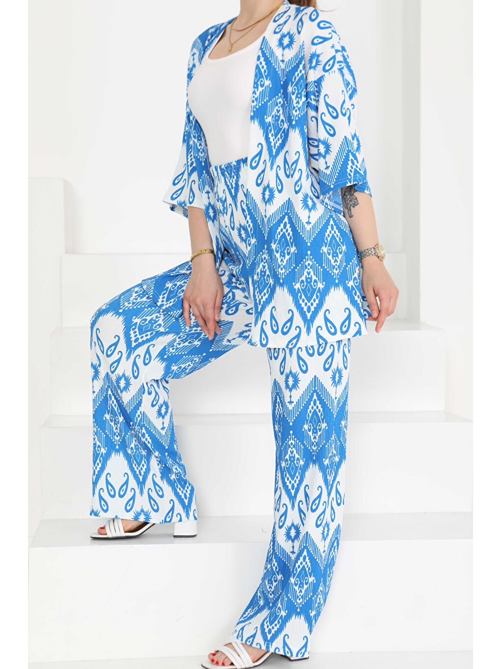 Desenli Kimono Takım Mavi - 27286