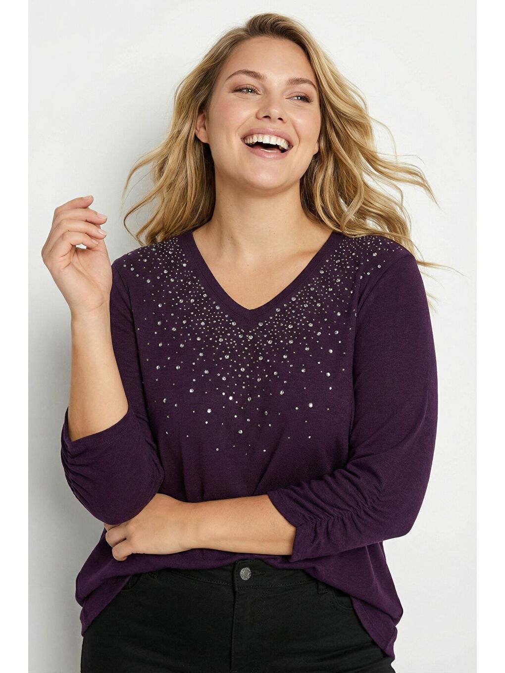 Büyük Beden Taş İşlemeli Kolu Büzgülü Mor Yumoş Bluz 285064-1