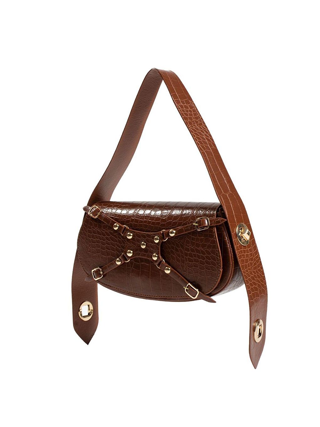 Kahverengi Kroko Desenli Ayarlanabilir Kilit Askılı Kadın Omuz Çantası BAG5020-23-3
