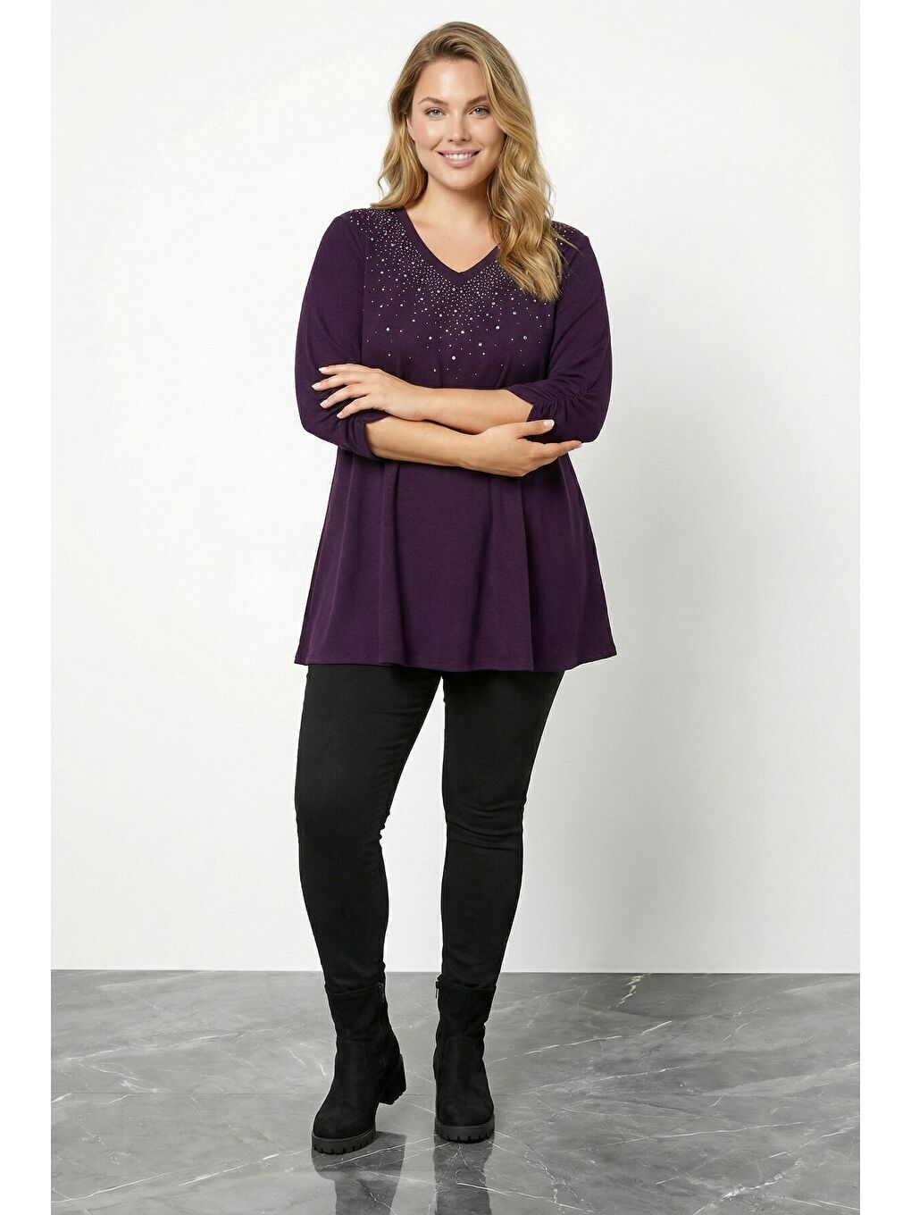 Büyük Beden Taş İşlemeli Kolu Büzgülü Mor Yumoş Bluz 285064-3