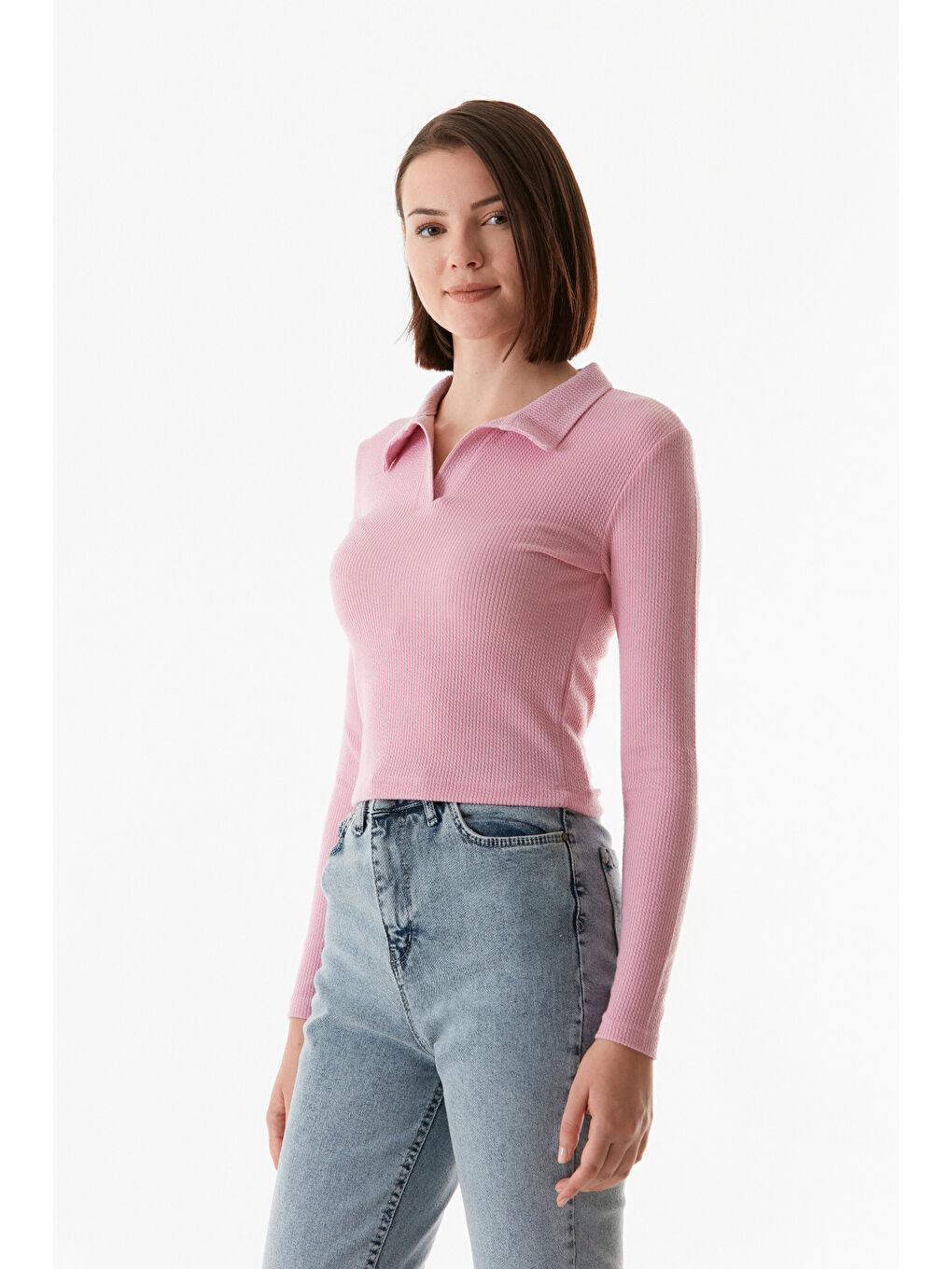 Fullamoda Pembe Basic Bürümcük Kumaş Polo Yaka Bluz - 3