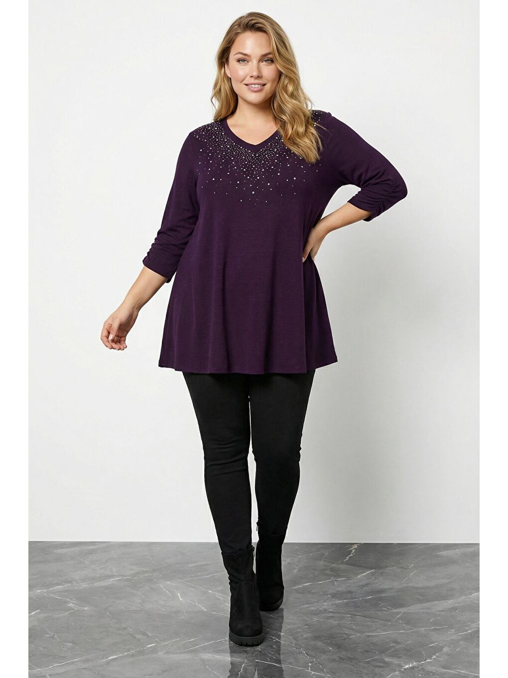 Büyük Beden Taş İşlemeli Kolu Büzgülü Mor Yumoş Bluz 285064-4