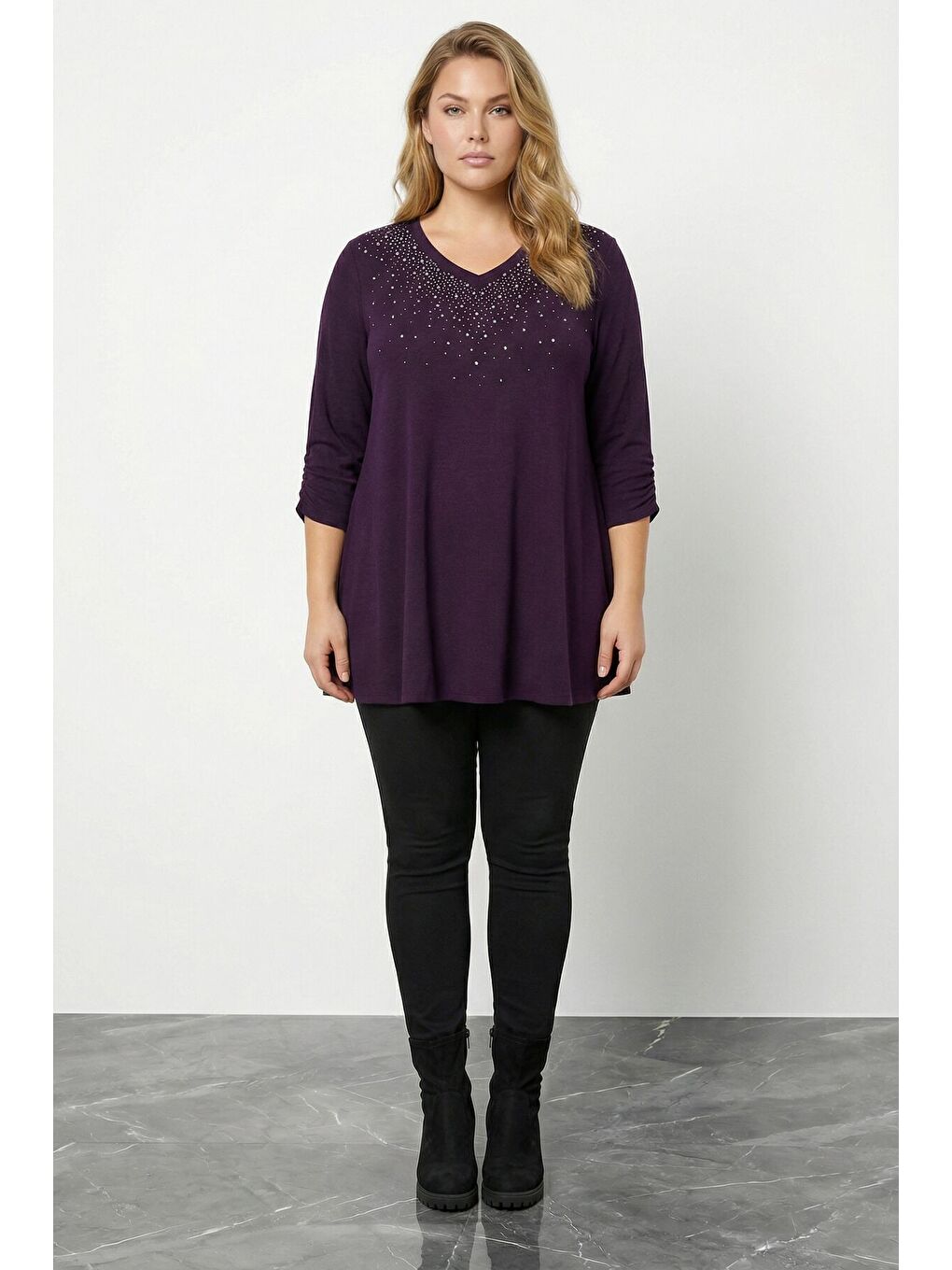 Büyük Beden Taş İşlemeli Kolu Büzgülü Mor Yumoş Bluz 285064-5