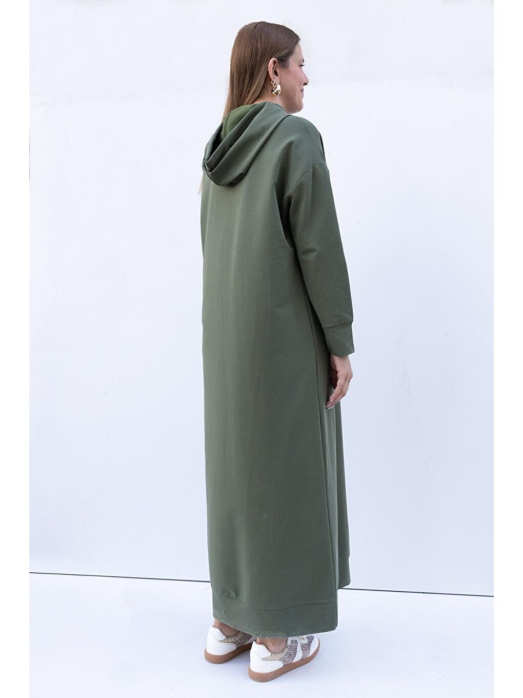 Yeşil Kapüşonlu Elastanlı Örme Elbise-2