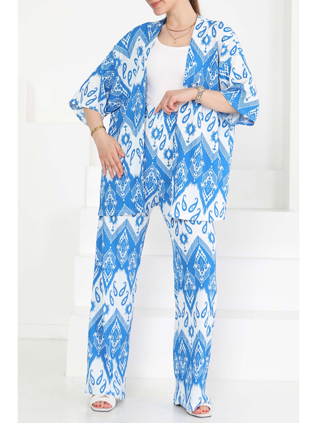 Desenli Kimono Takım Mavi - 27286-1