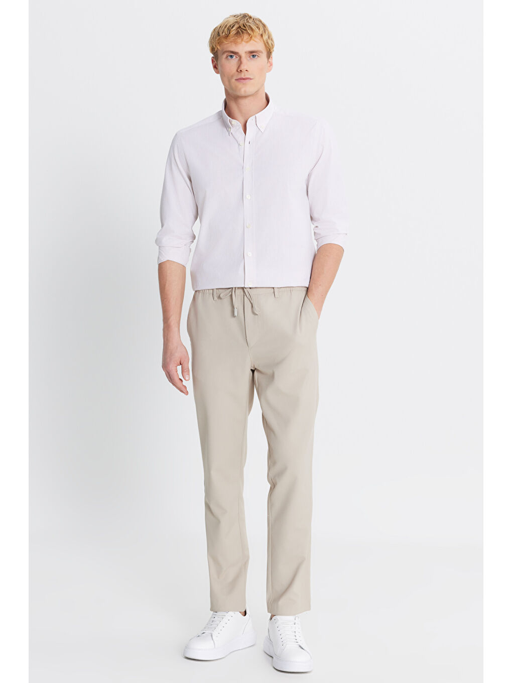 Erkek Bej Slim Fit Dar Kesim Beli Bağlamalı Yan Cepli Pantolon-1