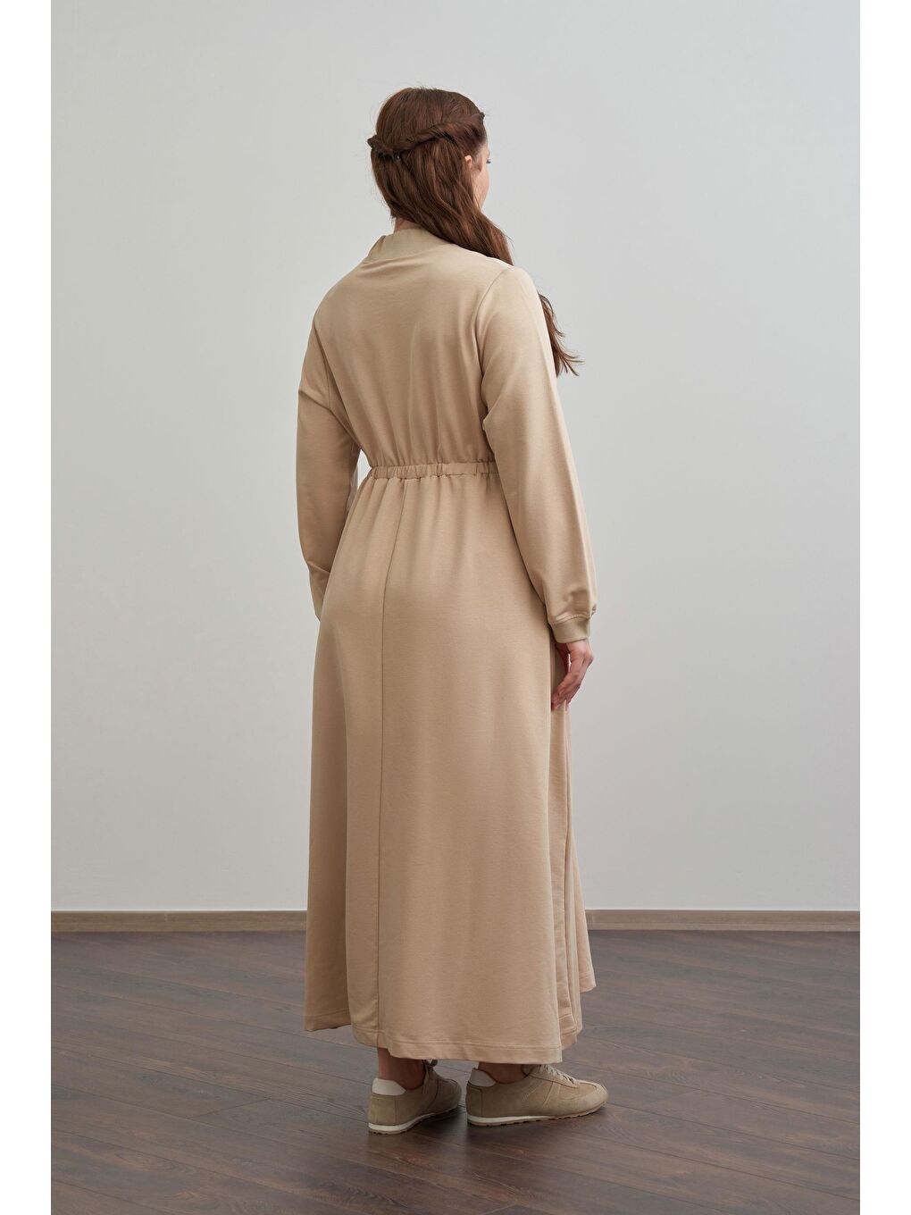 Bej-Pamuklu Yarım Patlı Elbise-2