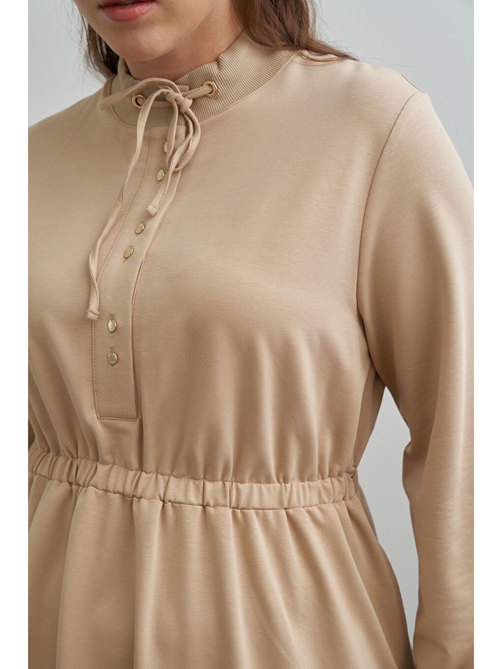 Bej-Pamuklu Yarım Patlı Elbise-3