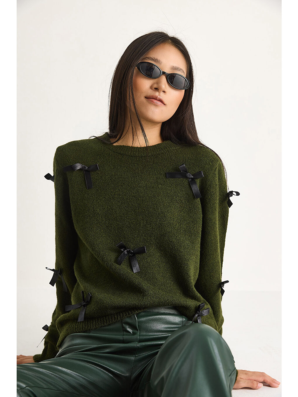 Yeşil Kadın Fiyonklu Regular Triko Kazak-1