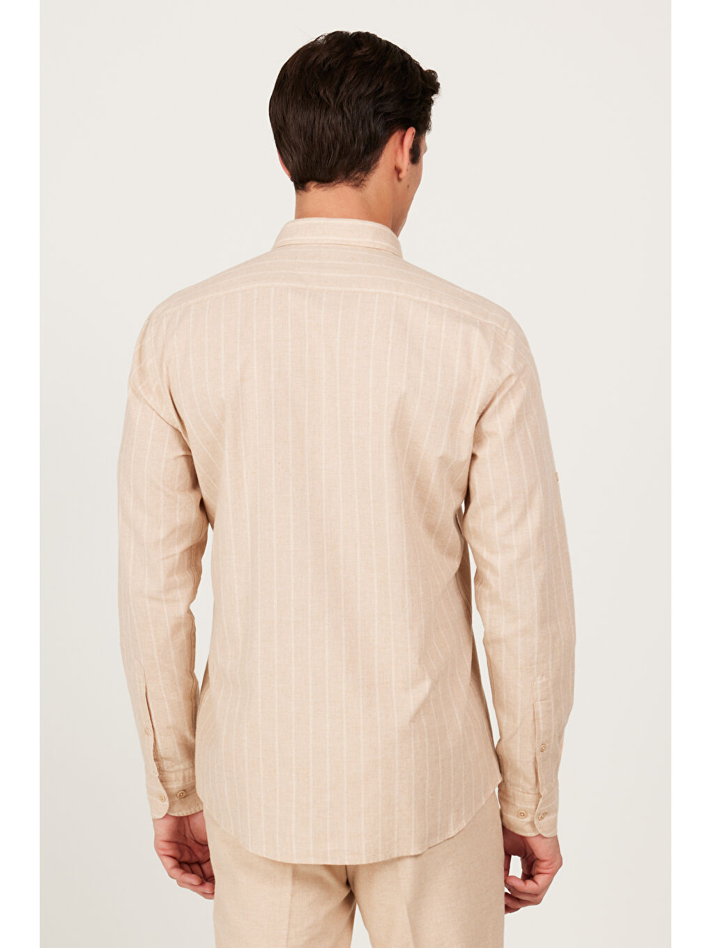 Erkek Bej Slim Fit Dar Kesim %100 Pamuk Düğmeli Yaka Çizgili Gömlek-4