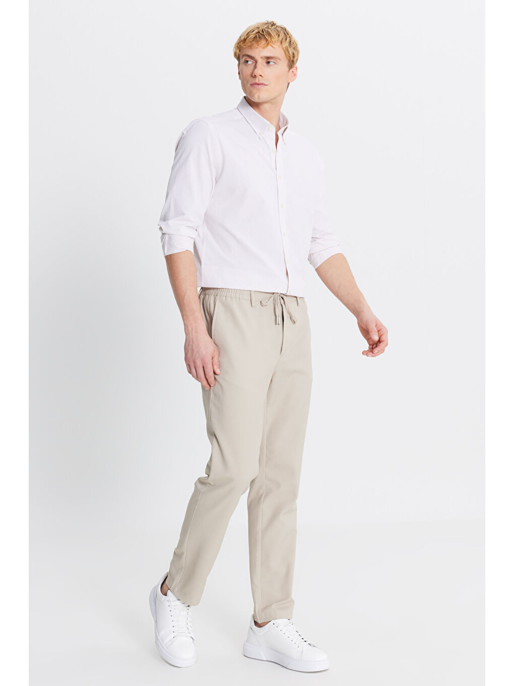 Erkek Bej Slim Fit Dar Kesim Beli Bağlamalı Yan Cepli Pantolon-2