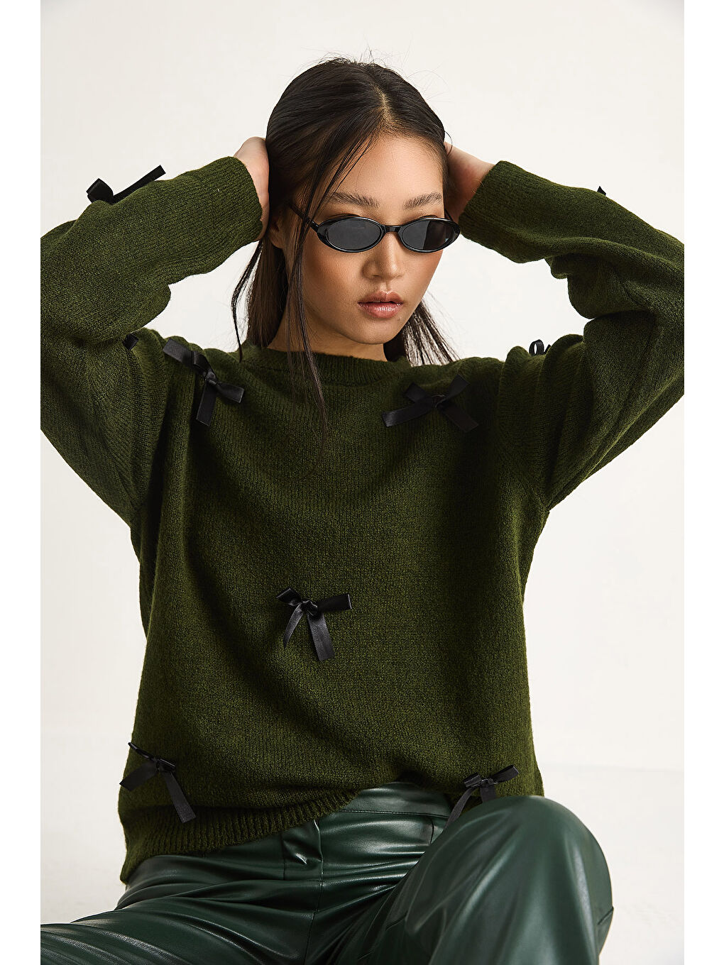 Yeşil Kadın Fiyonklu Regular Triko Kazak-2