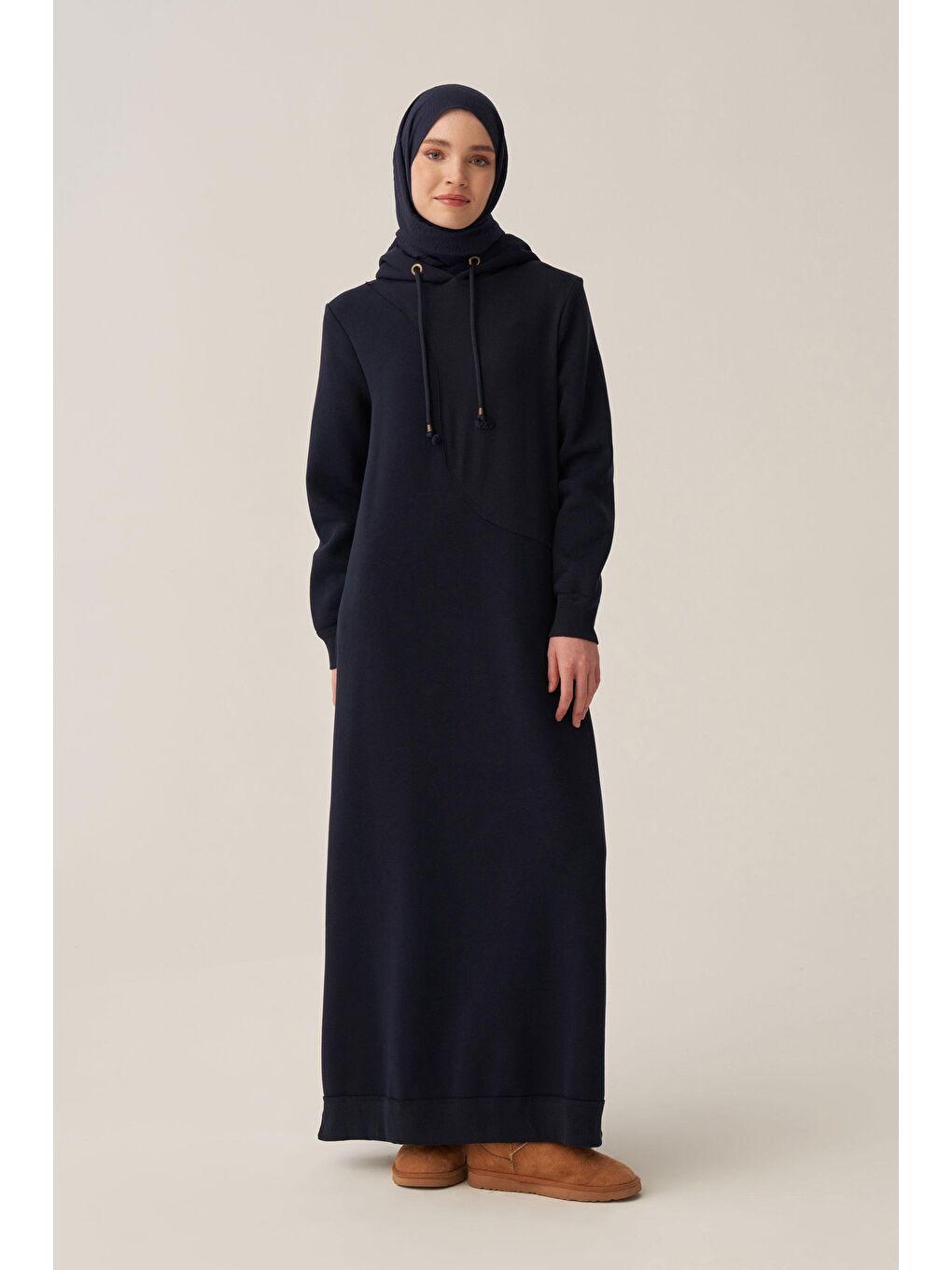 Lacivert-Pamuklu Kapüşonlu Şardonlu Elbise-1