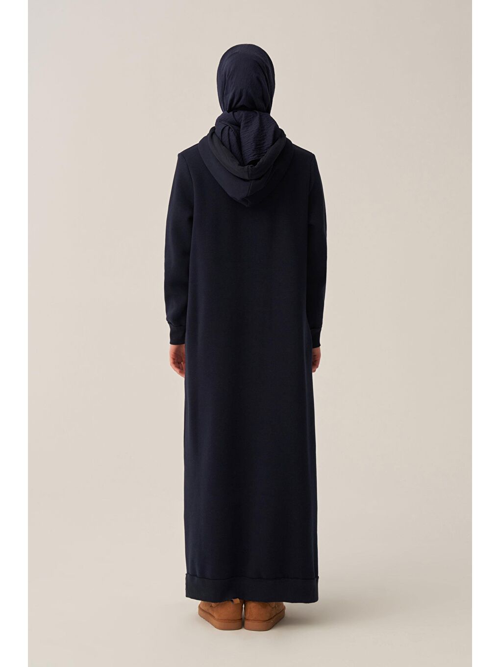 Lacivert-Pamuklu Kapüşonlu Şardonlu Elbise-2