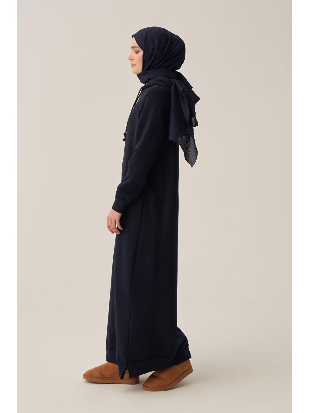 Lacivert-Pamuklu Kapüşonlu Şardonlu Elbise-3