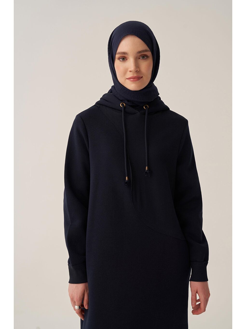 Lacivert-Pamuklu Kapüşonlu Şardonlu Elbise-4