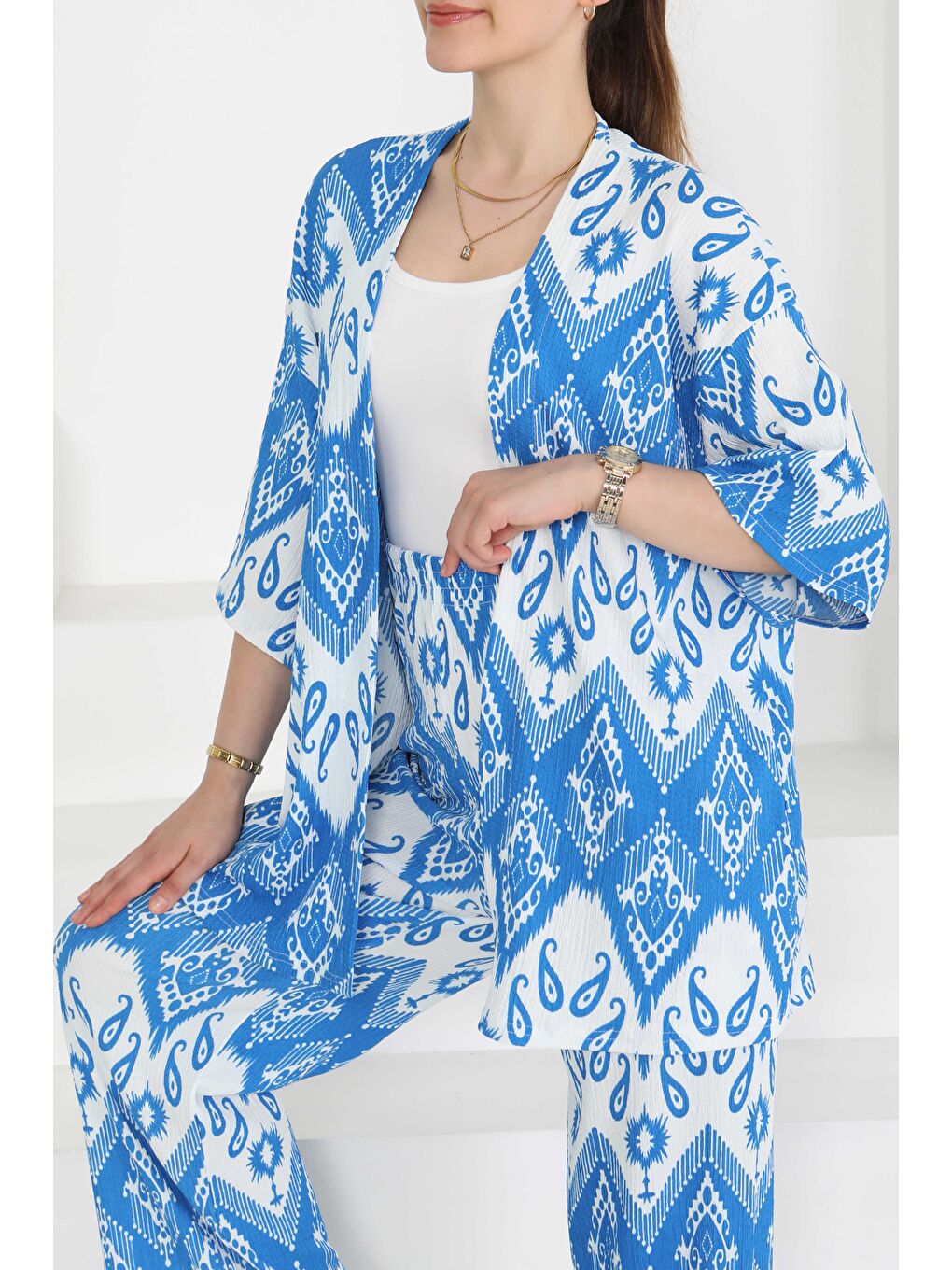 Desenli Kimono Takım Mavi - 27286-2