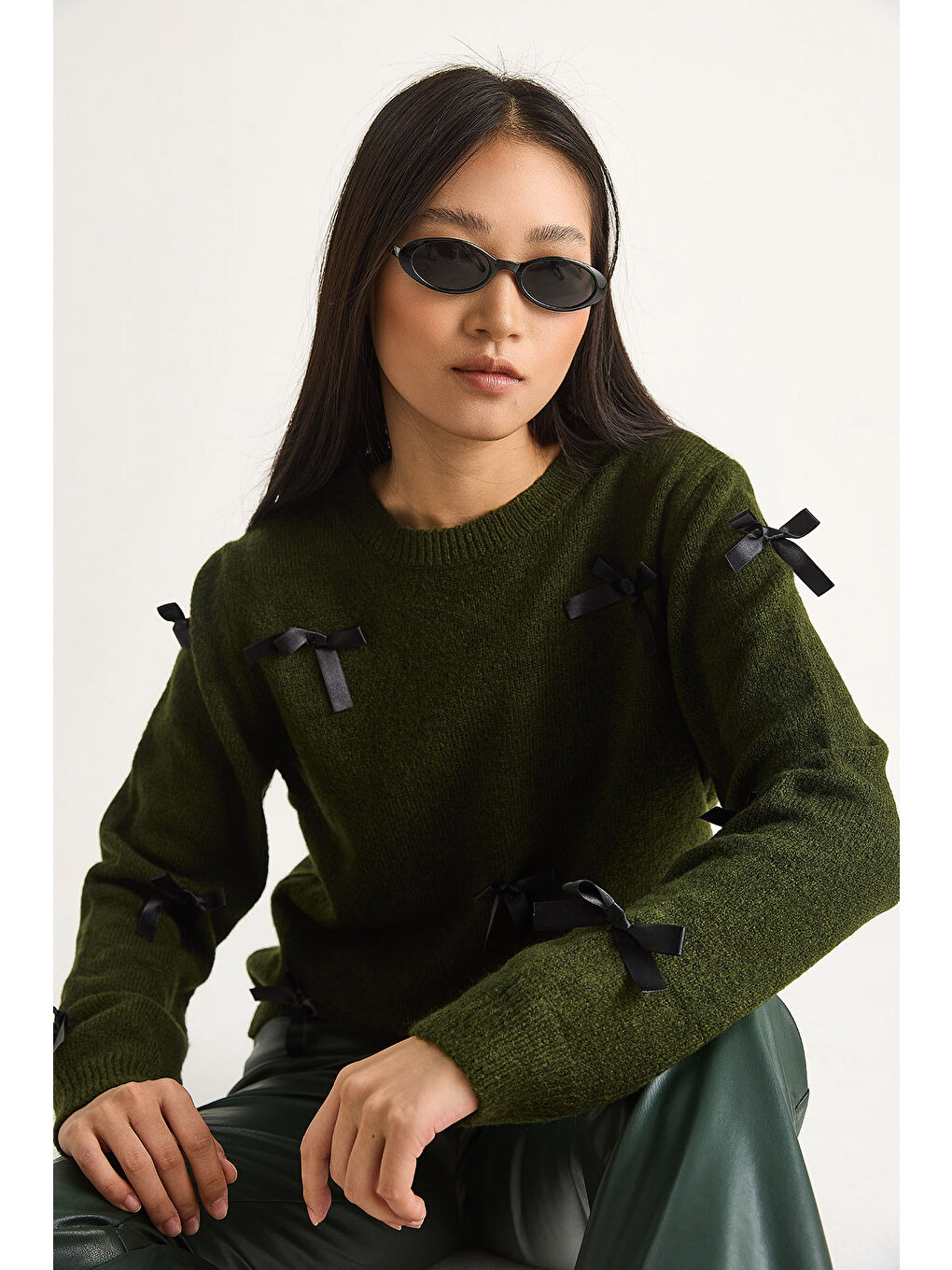 Yeşil Kadın Fiyonklu Regular Triko Kazak-3