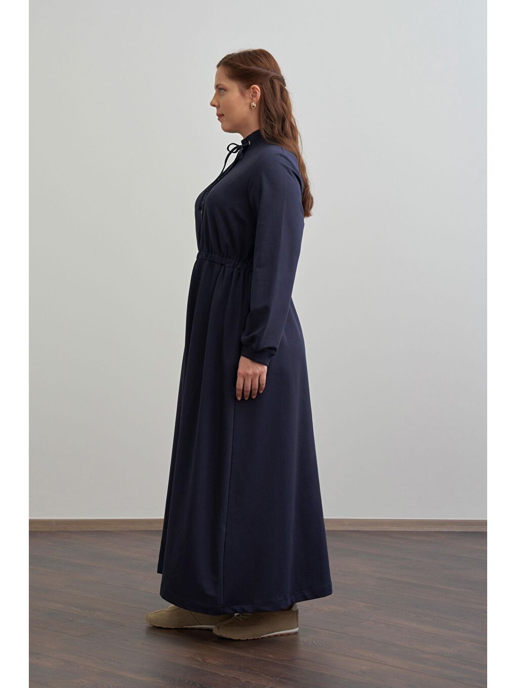 Lacivert-Pamuklu Yarım Patlı Elbise-1