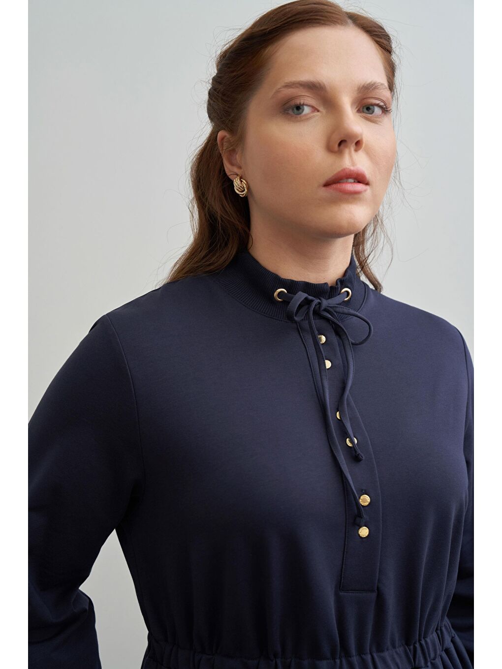 Lacivert-Pamuklu Yarım Patlı Elbise-3