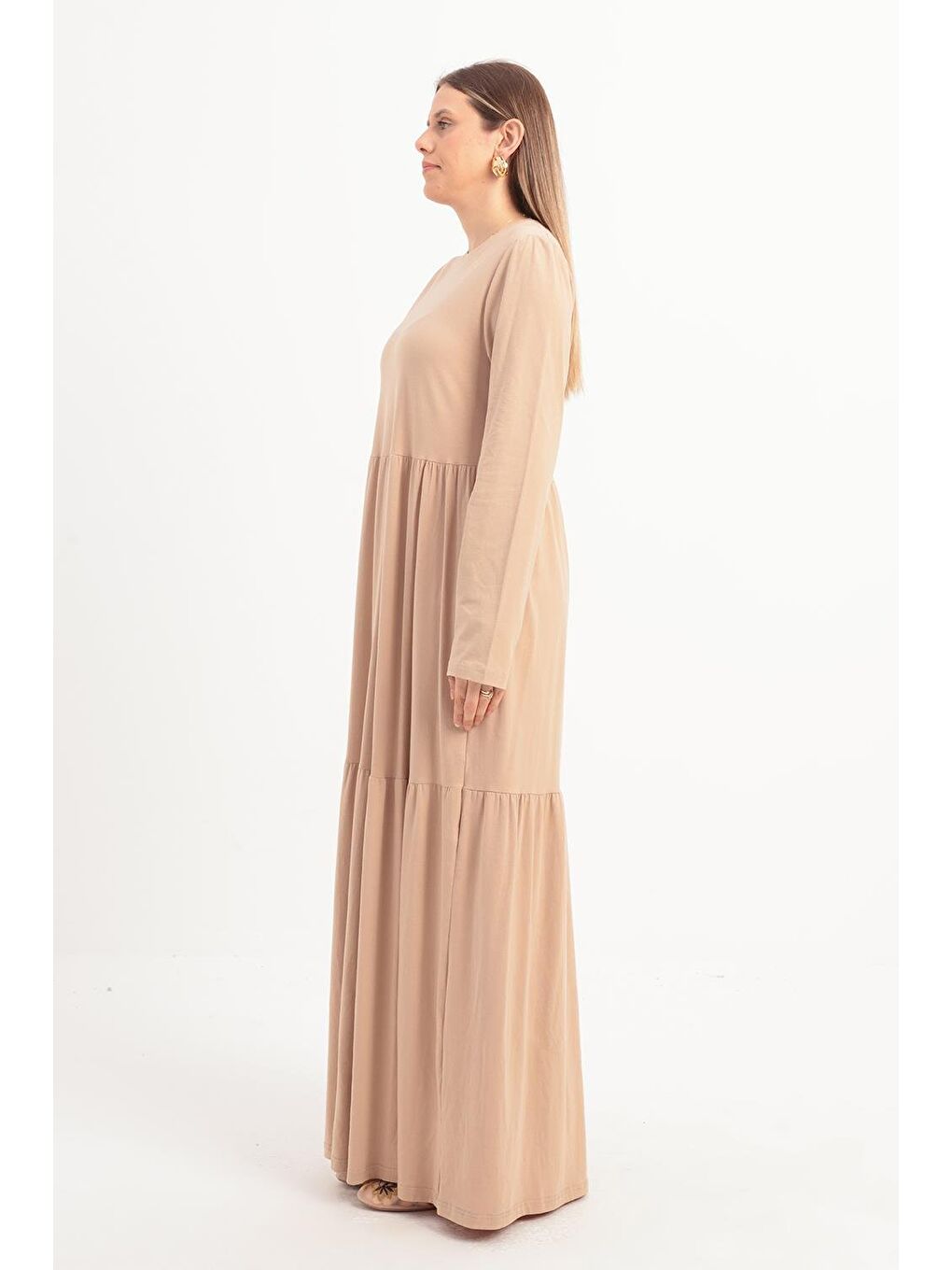 Bej-Pamuklu Fırfırlı Cepli Penye Elbise-1