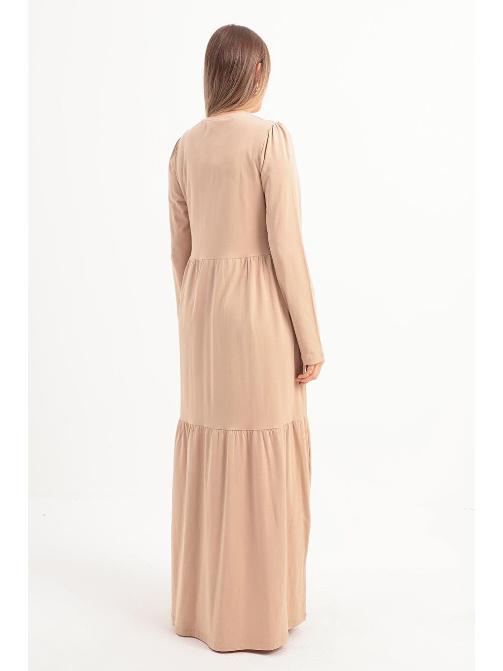 Bej-Pamuklu Fırfırlı Cepli Penye Elbise-2