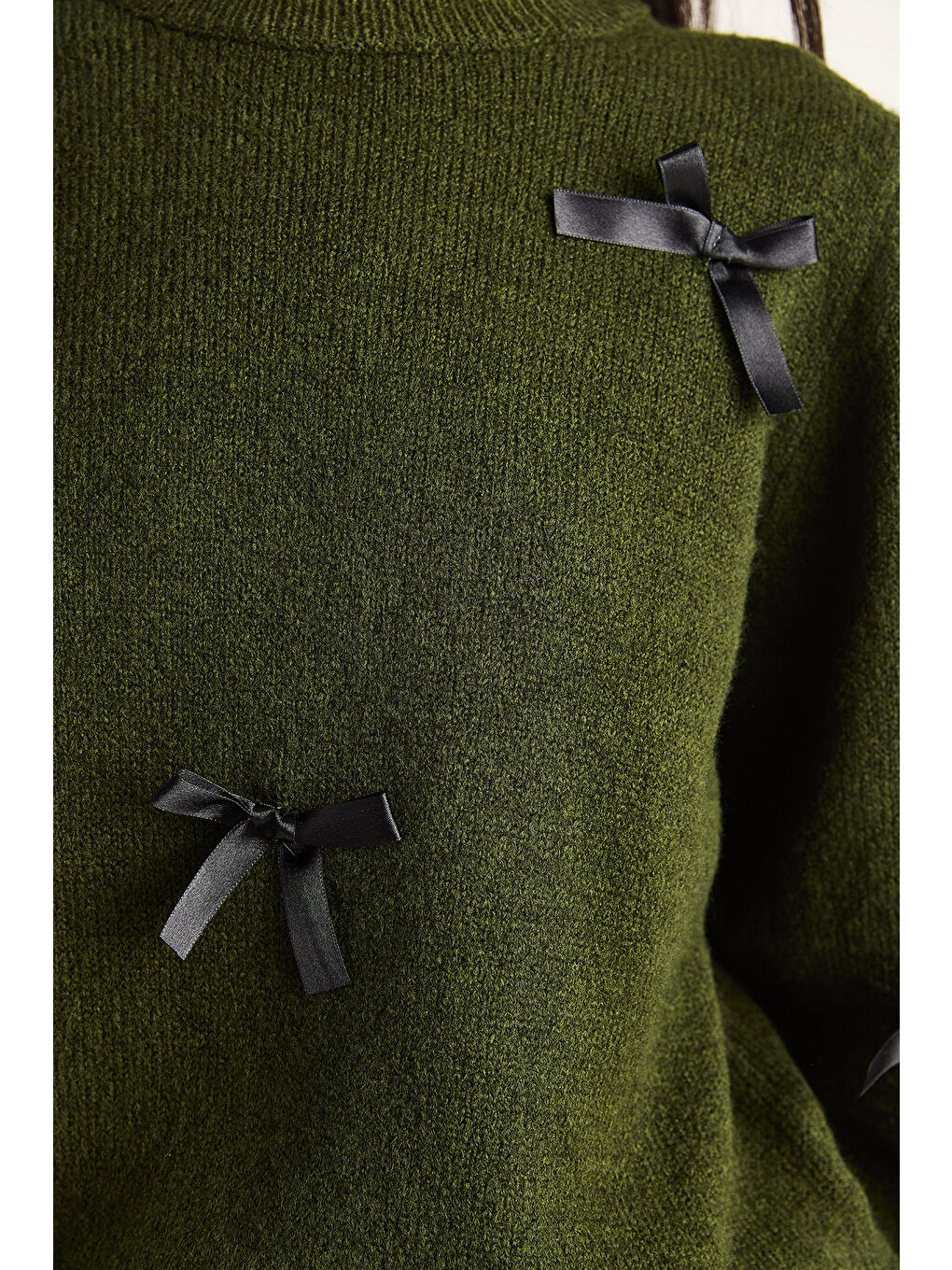 Yeşil Kadın Fiyonklu Regular Triko Kazak-5